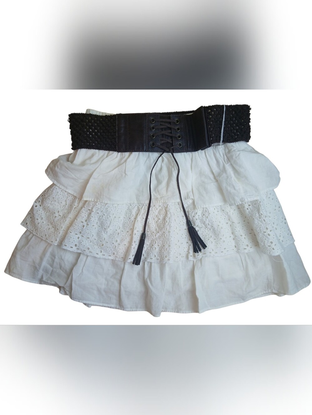 Boho Rue 21, White eyelet Skirt with Belt Size L Jrs Gently used y2k